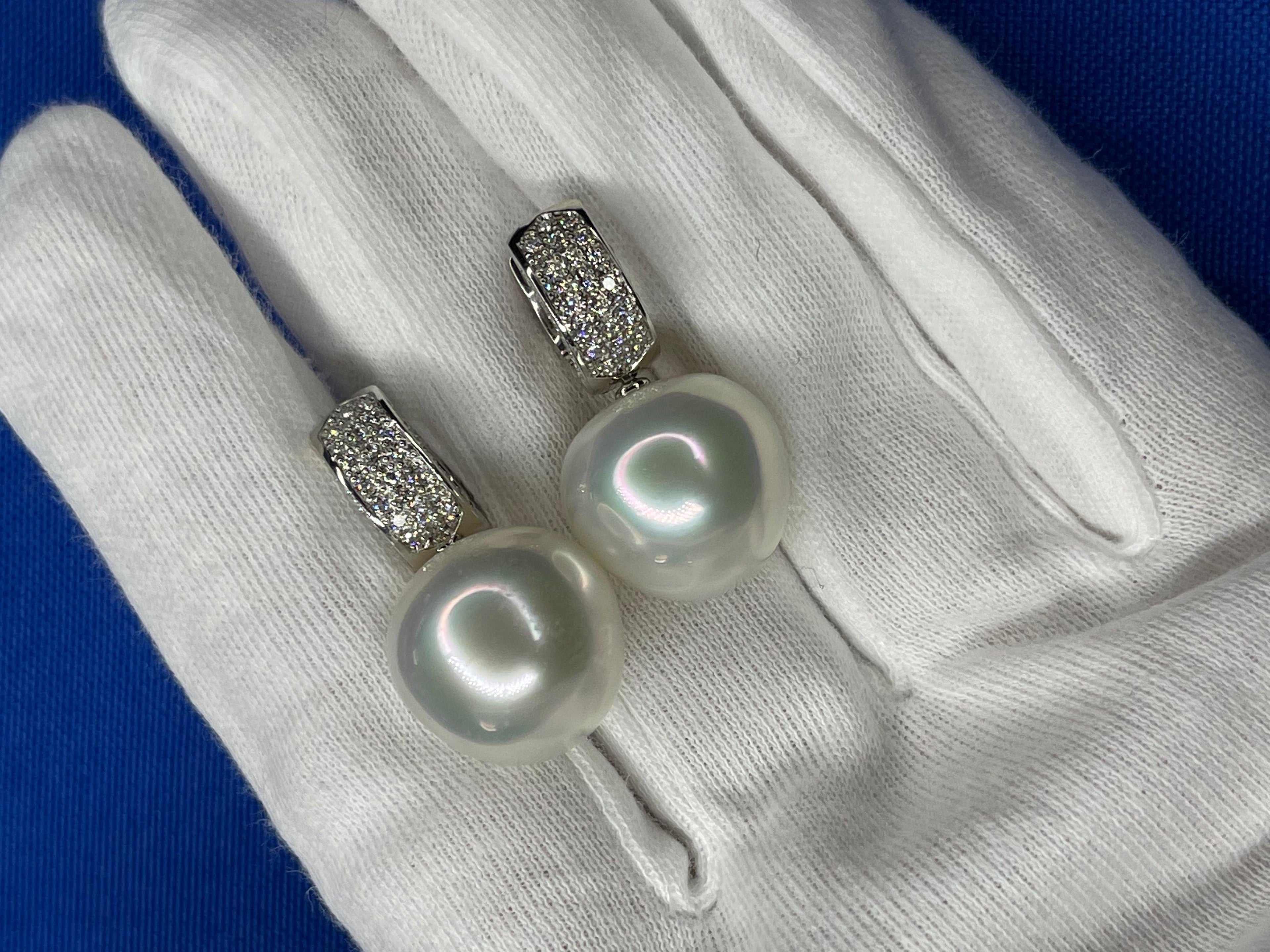 South Sea White Apple Cushion Pearl Diamond 18 Karat White Gold Pave Earrings