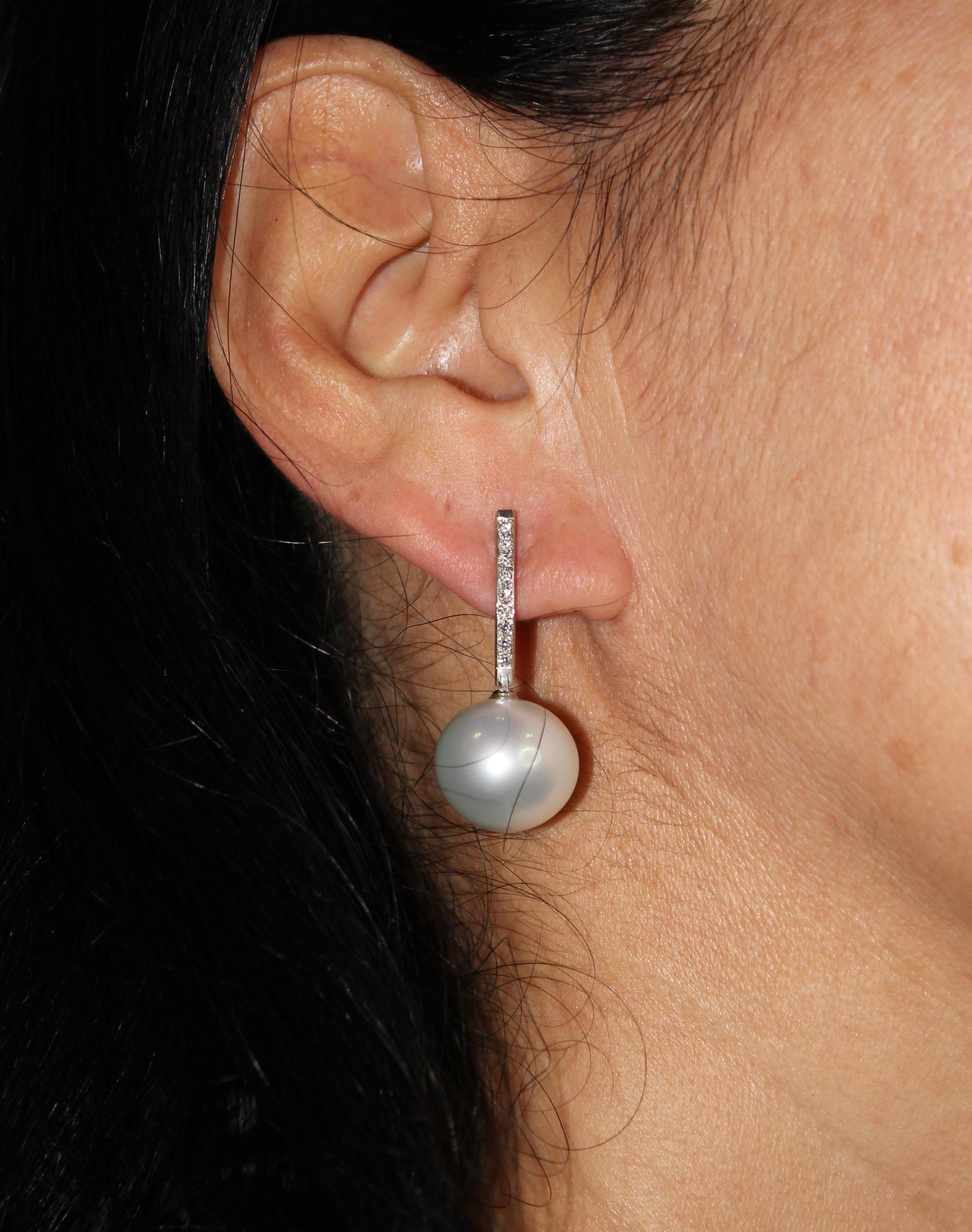 South Sea White Pearl Diamond 18 Karat White Gold Hinge Line Drop Hoop Earrings