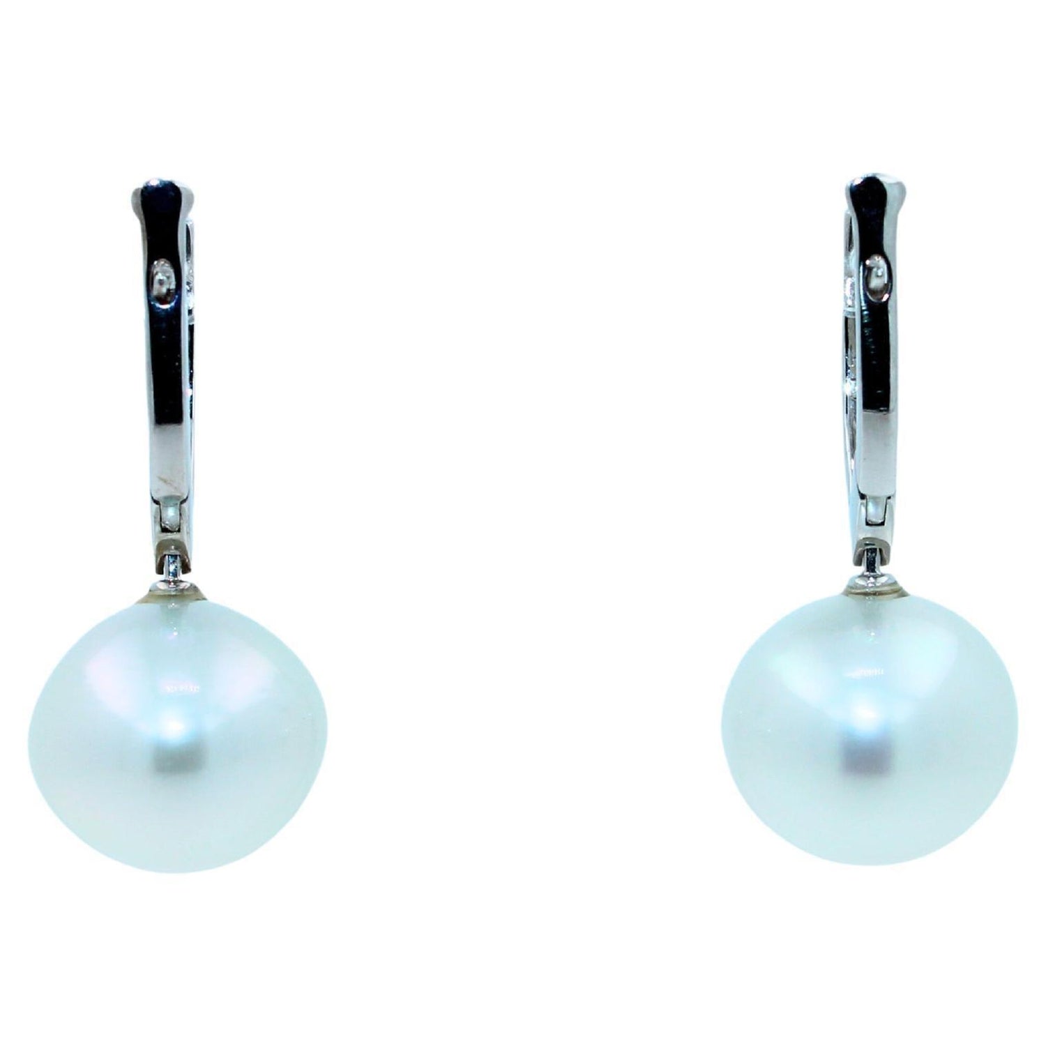 South Sea White Pearl Diamond 18 Karat White Gold Hinge Line Drop Hoop Earrings