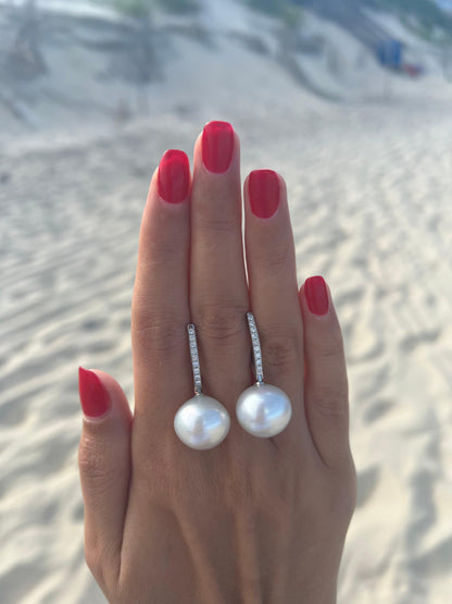 South Sea White Pearl Diamond 18 Karat White Gold Hinge Line Drop Hoop Earrings