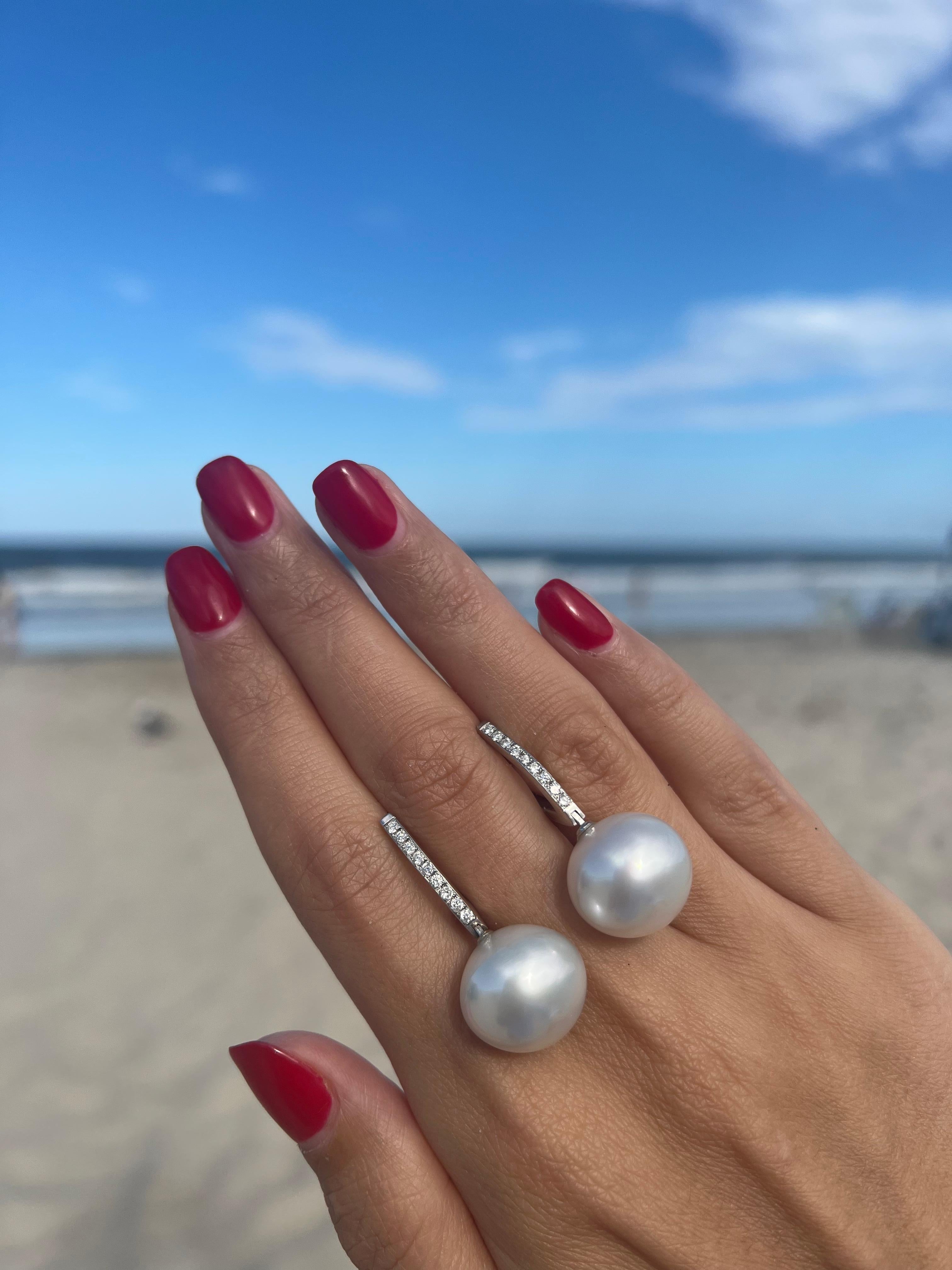 South Sea White Pearl Diamond 18 Karat White Gold Hinge Line Drop Hoop Earrings