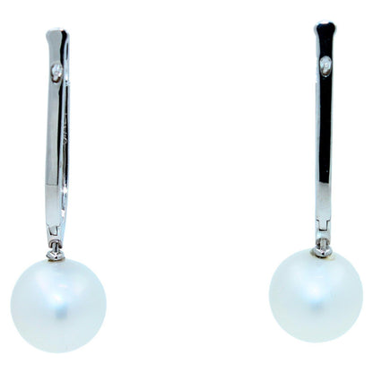 South Sea White Pearl Diamond 18 Karat White Gold Hinge Line Drop Hoop Earrings