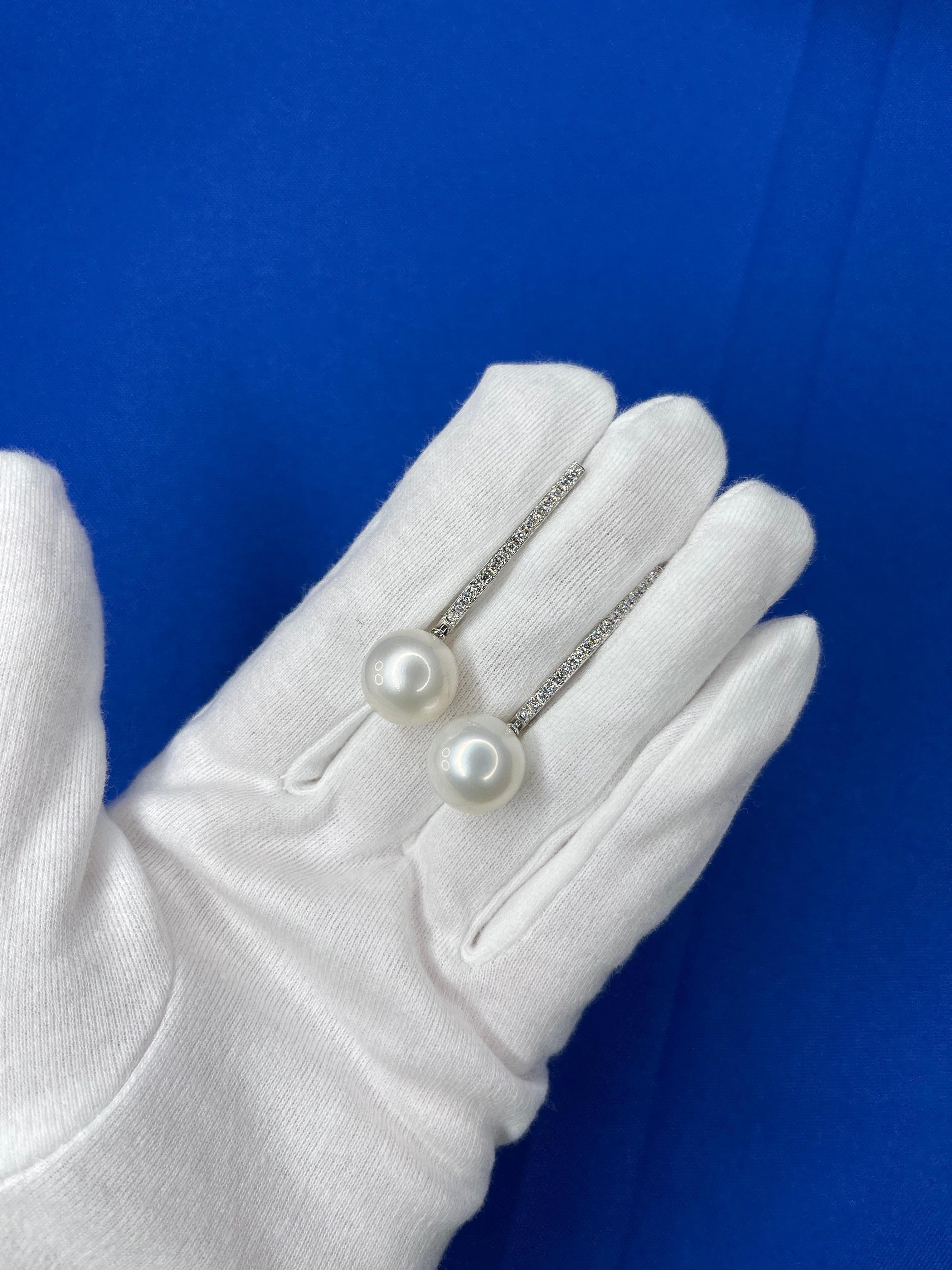 South Sea White Pearl Diamond 18 Karat White Gold Hinge Line Drop Hoop Earrings