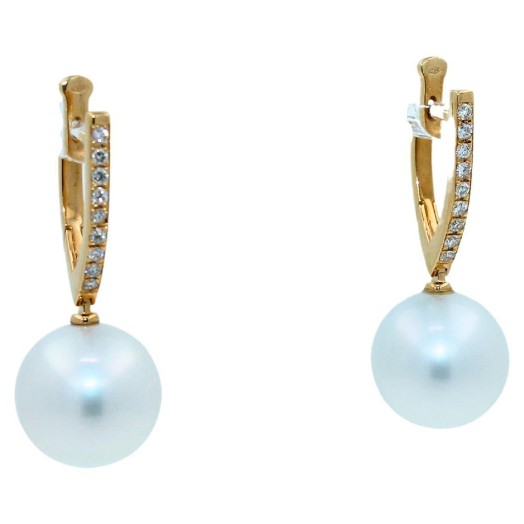 South Sea White Pearl Diamond 18 Karat Yellow Gold Hinge Line Drop Hoop Earrings