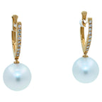 South Sea White Pearl Diamond 18 Karat Yellow Gold Hinge Line Drop Hoop Earrings