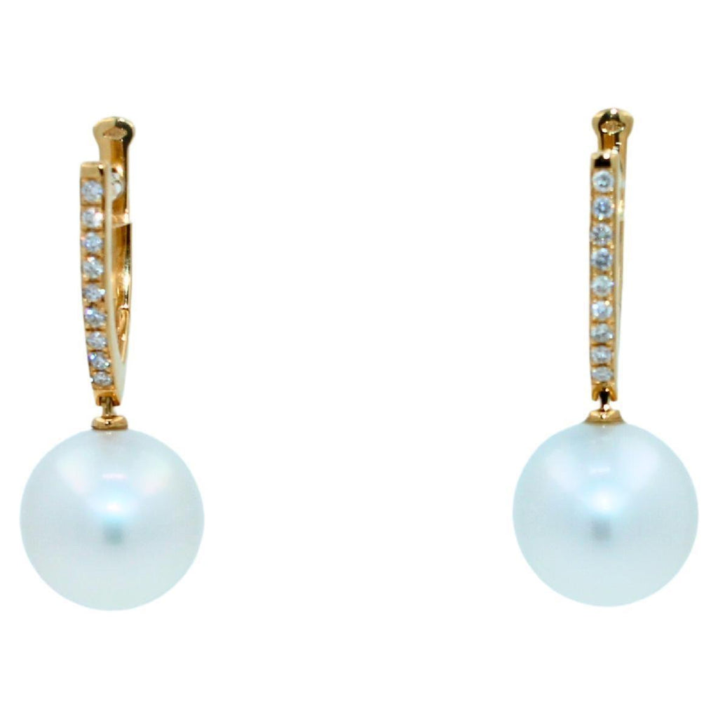 South Sea White Pearl Diamond 18 Karat Yellow Gold Hinge Line Drop Hoop Earrings