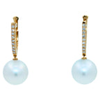 South Sea White Pearl Diamond 18 Karat Yellow Gold Hinge Line Drop Hoop Earrings