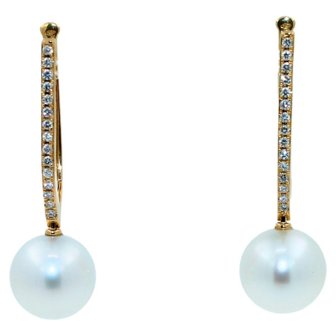 South Sea White Pearl Diamond 18 Karat Yellow Gold Hinge Line Drop Hoop Earrings