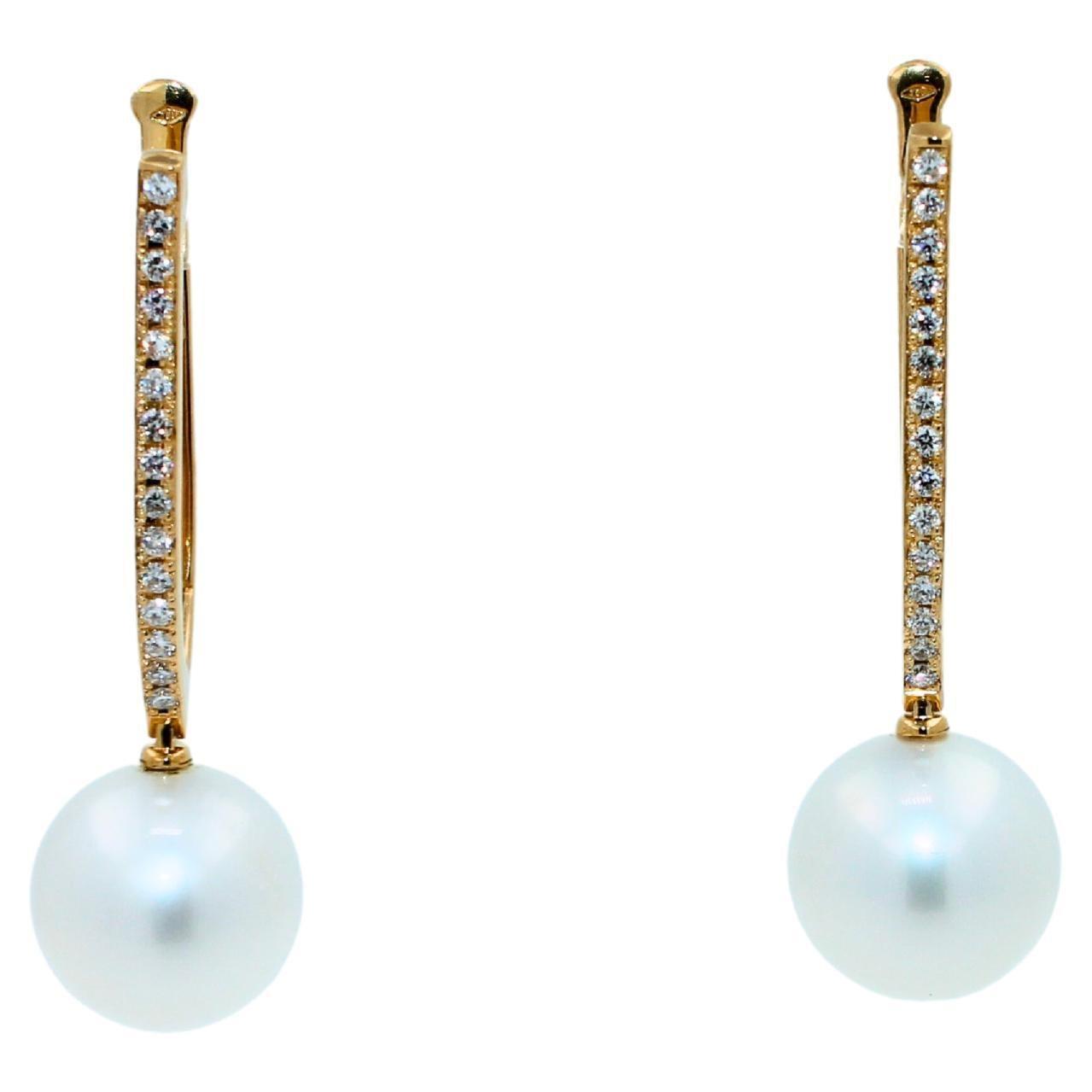 South Sea White Pearl Diamond 18 Karat Yellow Gold Hinge Line Drop Hoop Earrings