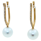 South Sea White Pearl Diamond 18 Karat Yellow Gold Hinge Line Drop Hoop Earrings