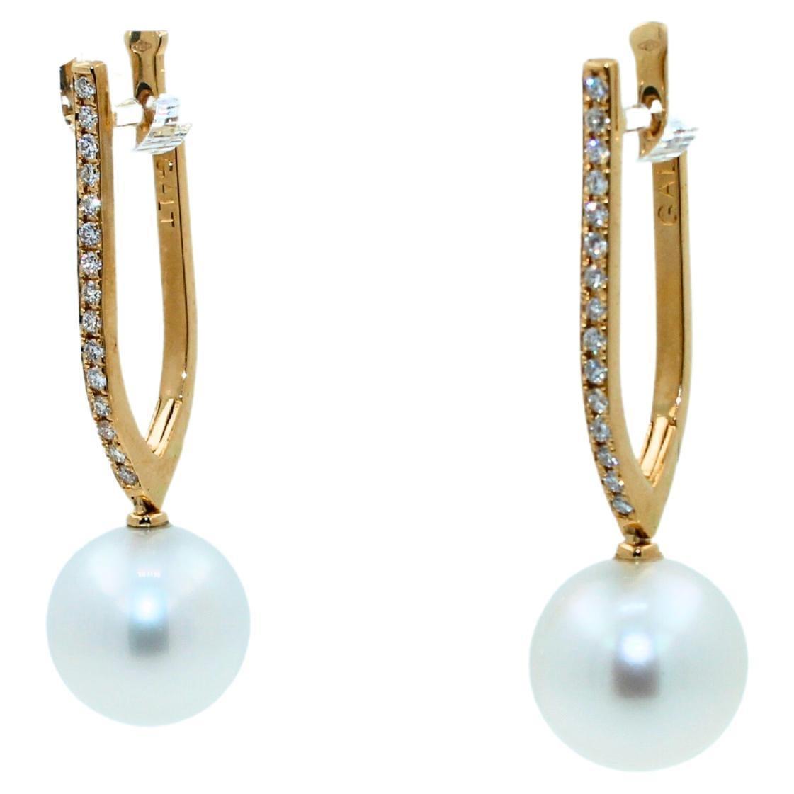 South Sea White Pearl Diamond 18 Karat Yellow Gold Hinge Line Drop Hoop Earrings