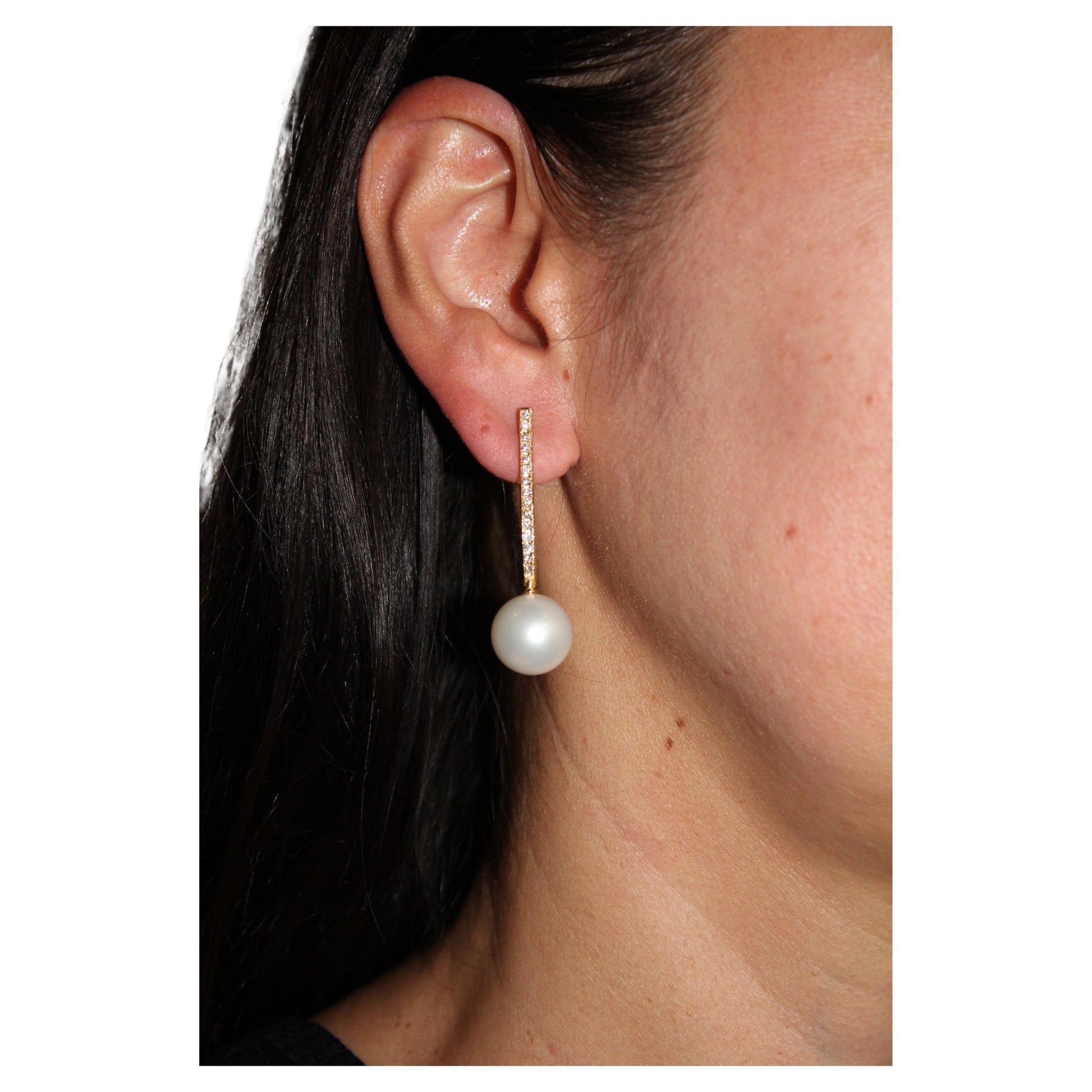 South Sea White Pearl Diamond 18 Karat Yellow Gold Hinge Line Drop Hoop Earrings