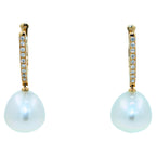 South Sea White Pearl Diamond 18 Karat Yellow Gold Hinge Line Drop Hoop Earrings