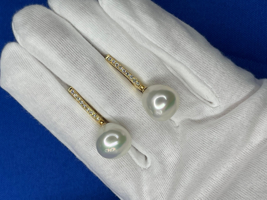 South Sea White Pearl Diamond 18 Karat Yellow Gold Hinge Line Drop Hoop Earrings