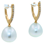 South Sea White Pearl Diamond 18 Karat Yellow Gold Hinge Line Drop Hoop Earrings