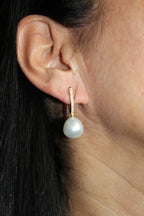 South Sea White Pearl Diamond 18 Karat Yellow Gold Hinge Line Drop Hoop Earrings