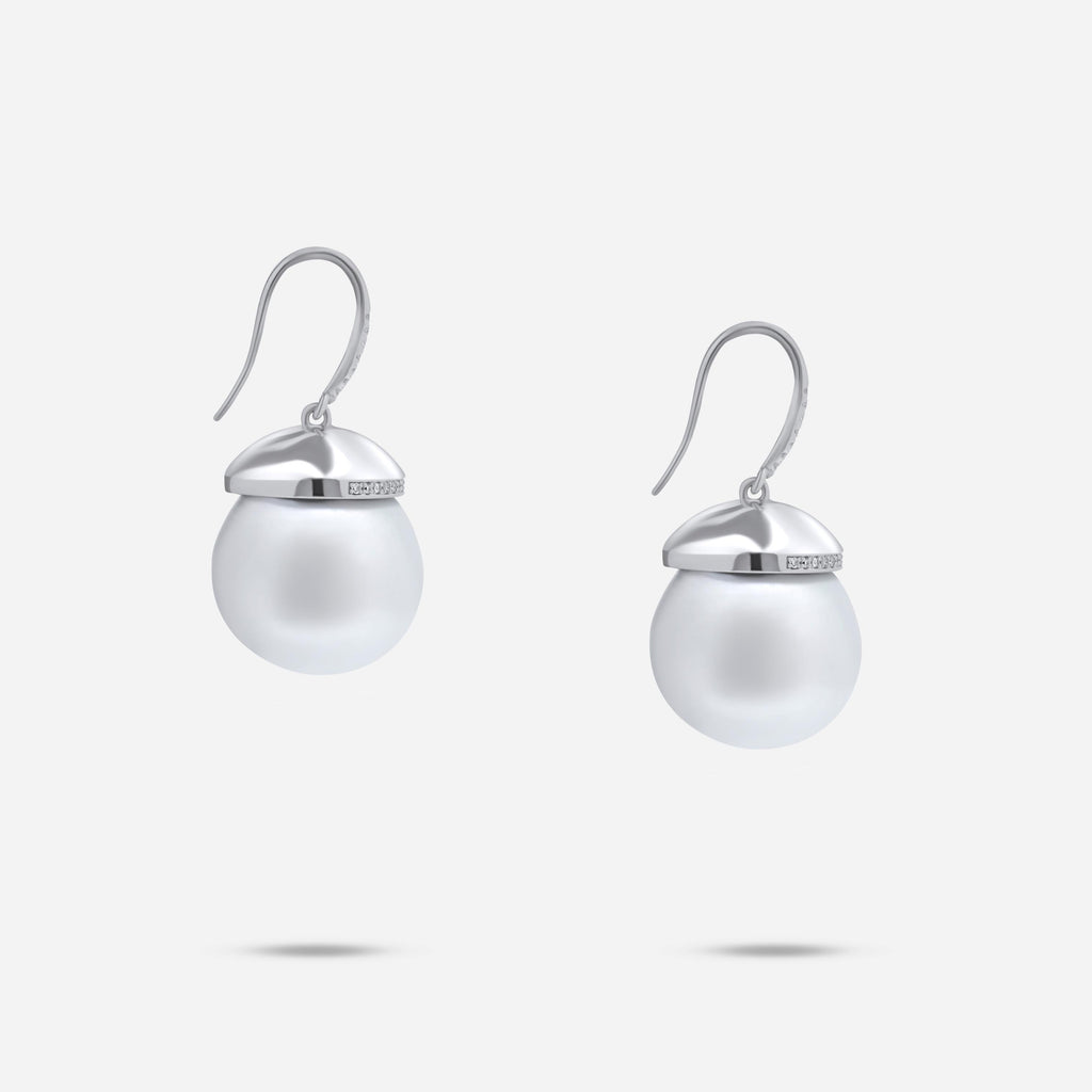 South Sea White Pearl Diamond Halo Pave 14 Karat White Gold Hook Drop Earrings