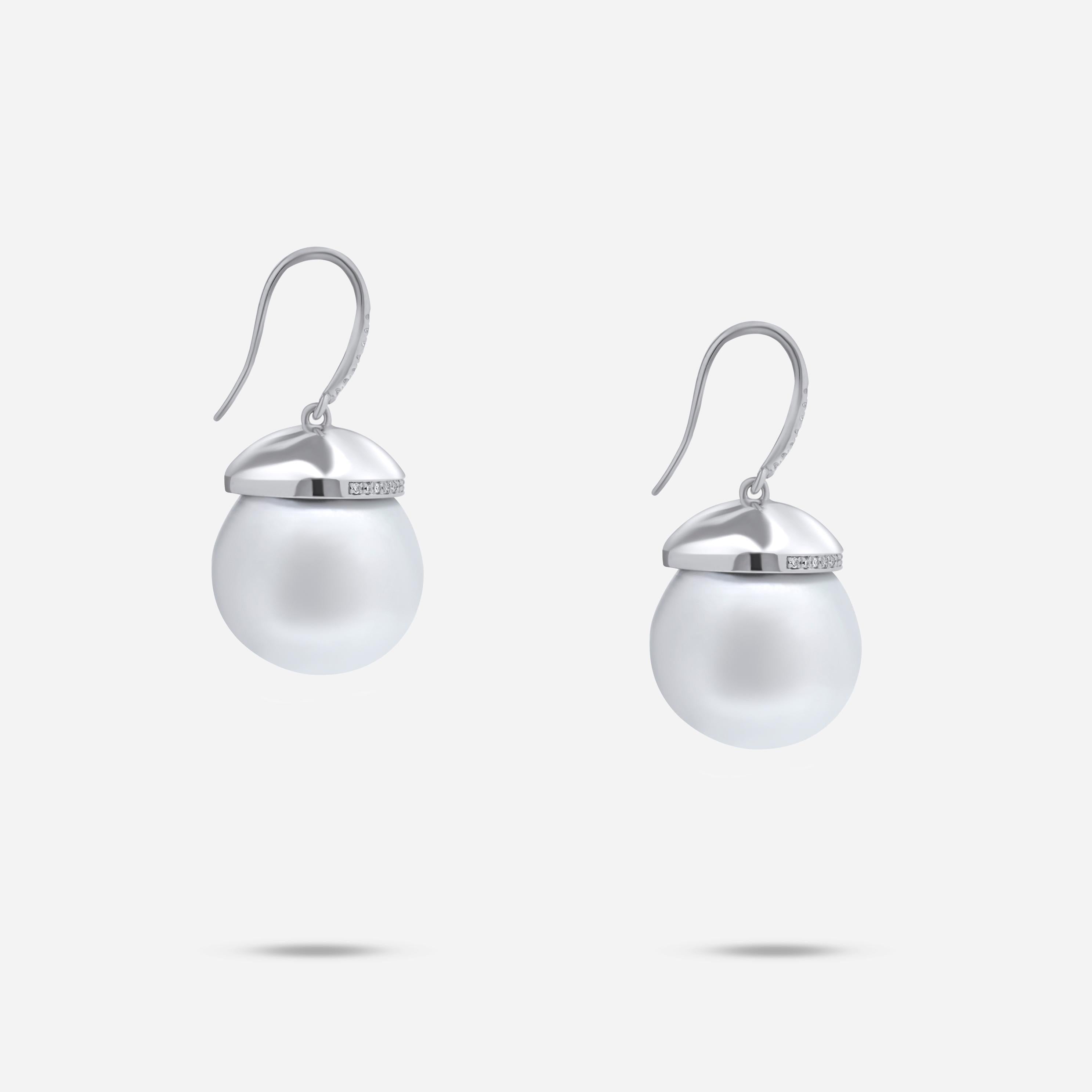 South Sea White Pearl Diamond Halo Pave 14 Karat White Gold Hook Drop Earrings