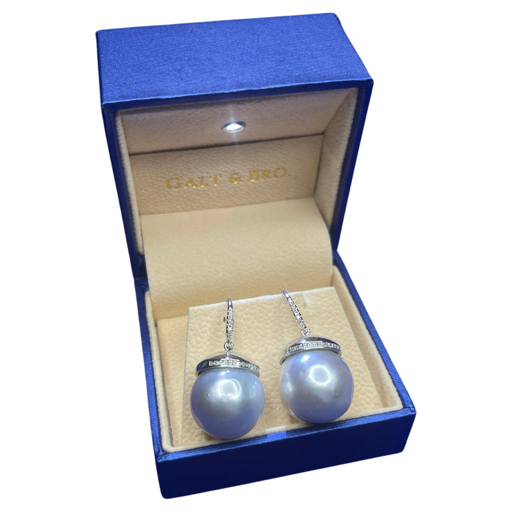 South Sea White Pearl Diamond Halo Pave 14 Karat White Gold Hook Drop Earrings