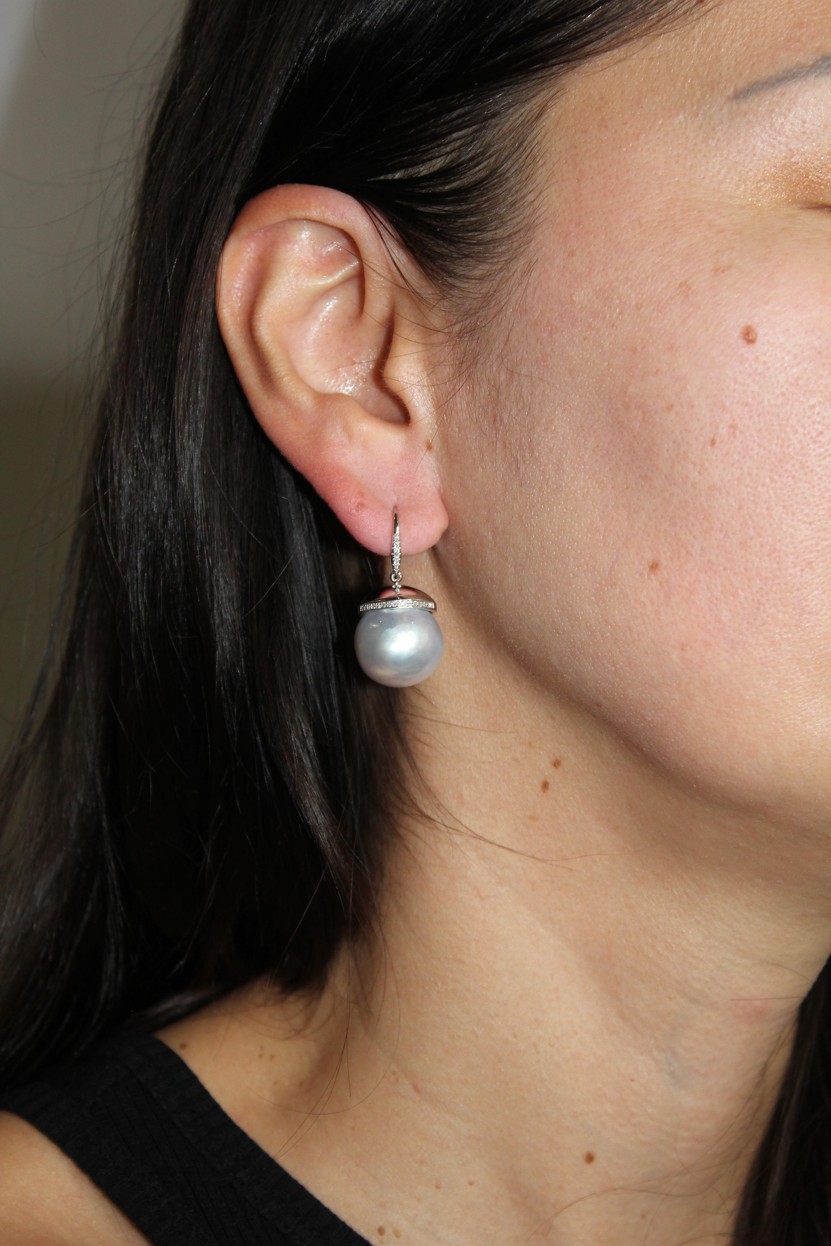 South Sea White Pearl Diamond Halo Pave 14 Karat White Gold Hook Drop Earrings