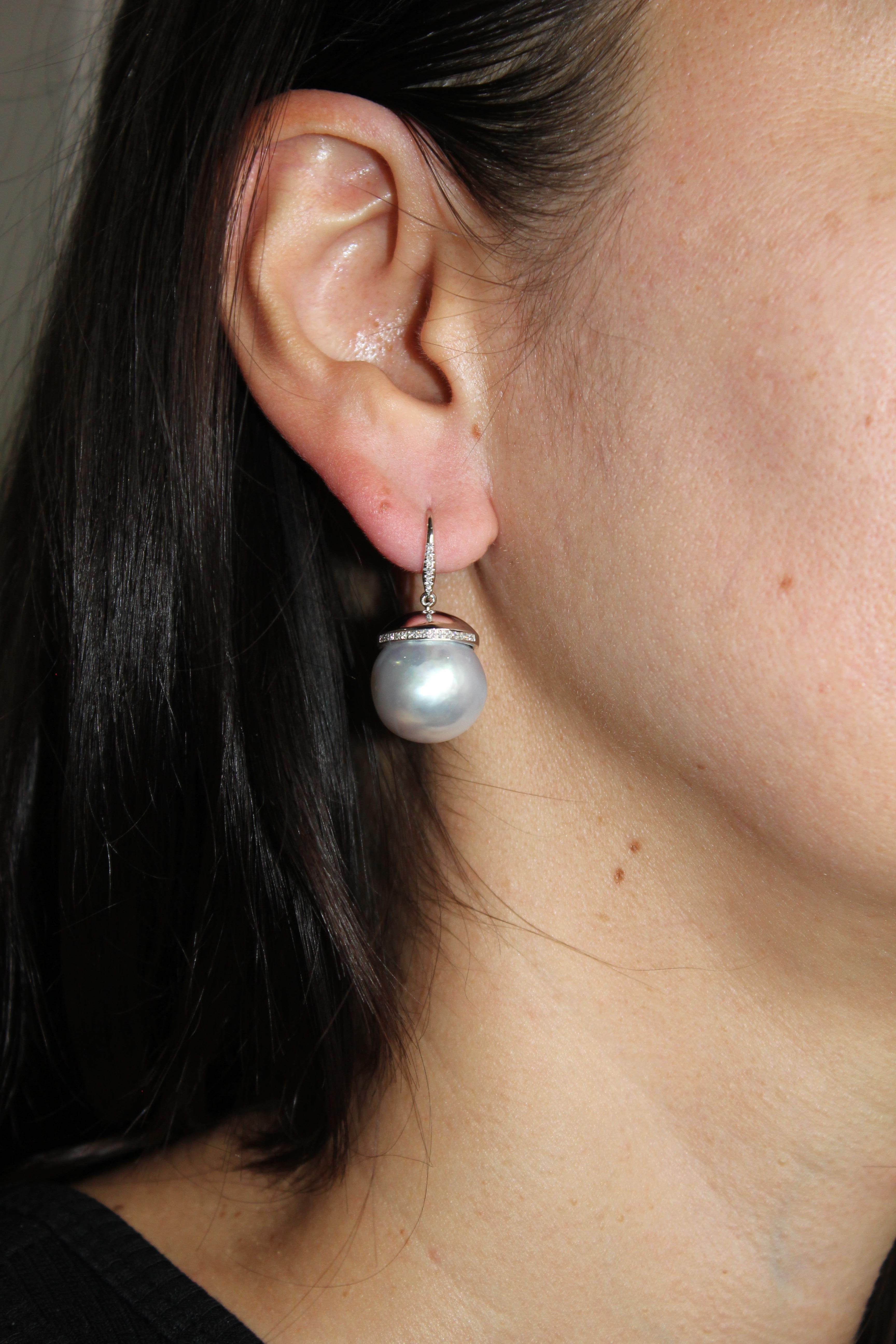 South Sea White Pearl Diamond Halo Pave 14 Karat White Gold Hook Drop Earrings