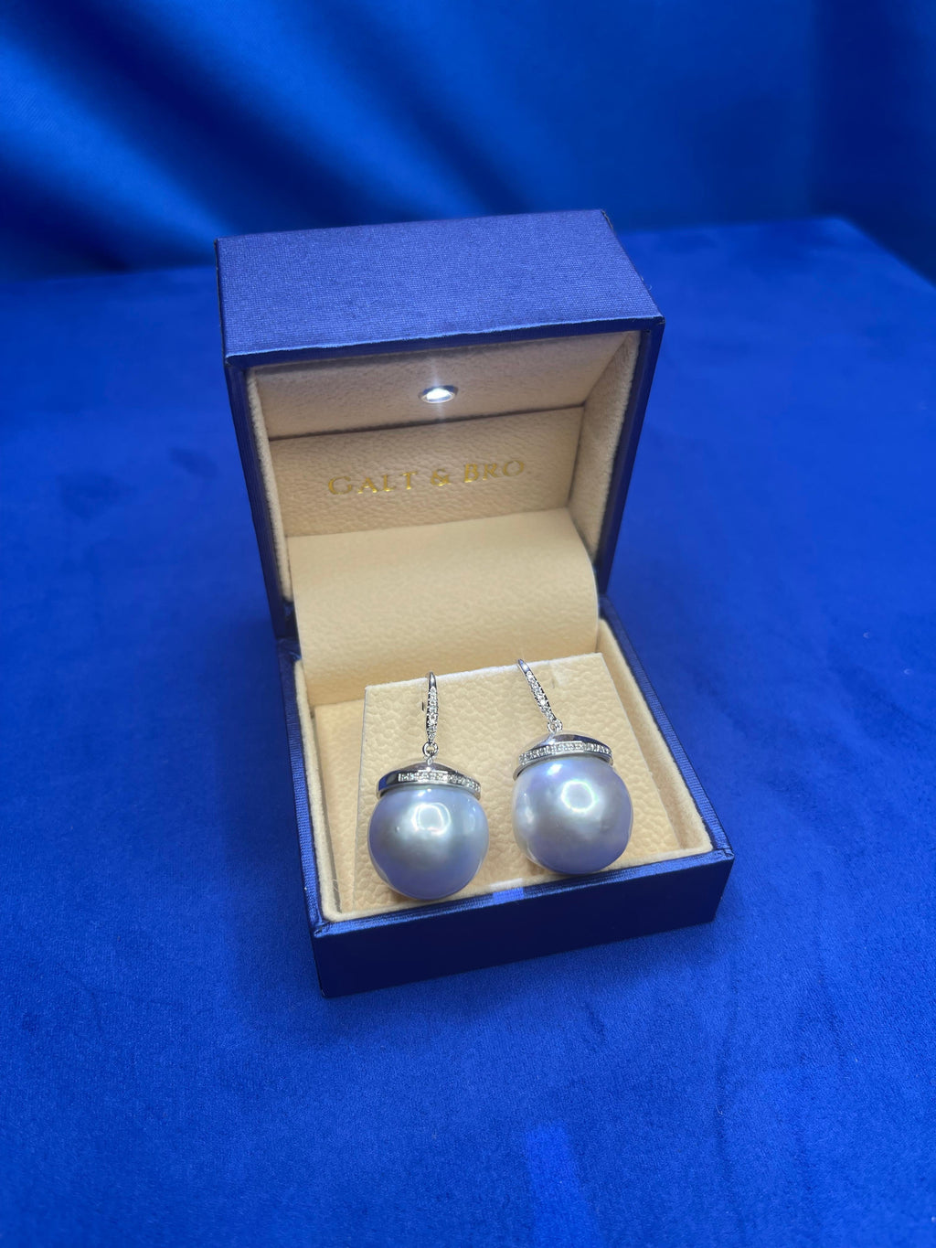 South Sea White Pearl Diamond Halo Pave 14 Karat White Gold Hook Drop Earrings