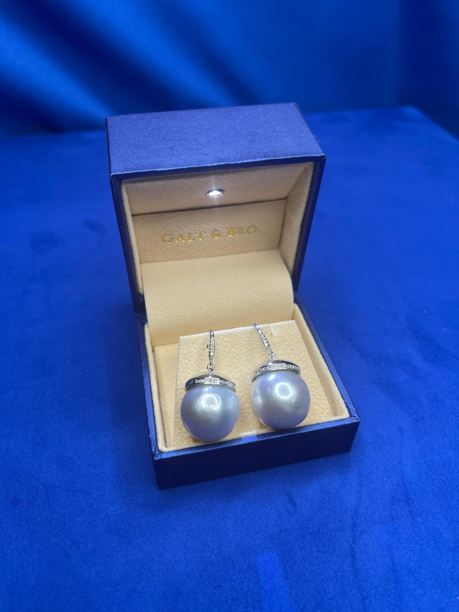 South Sea White Pearl Diamond Halo Pave 14 Karat White Gold Hook Drop Earrings
