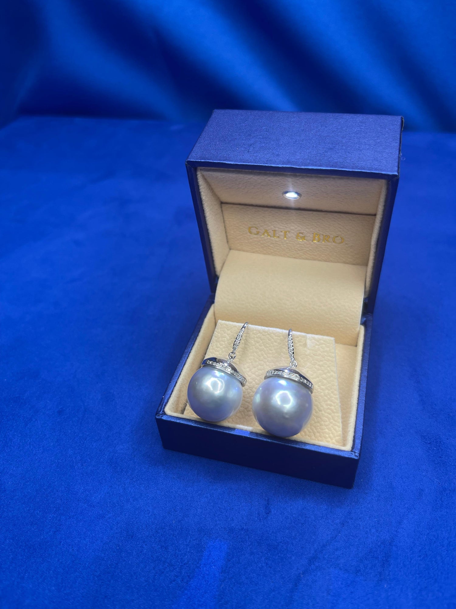 South Sea White Pearl Diamond Halo Pave 14 Karat White Gold Hook Drop Earrings