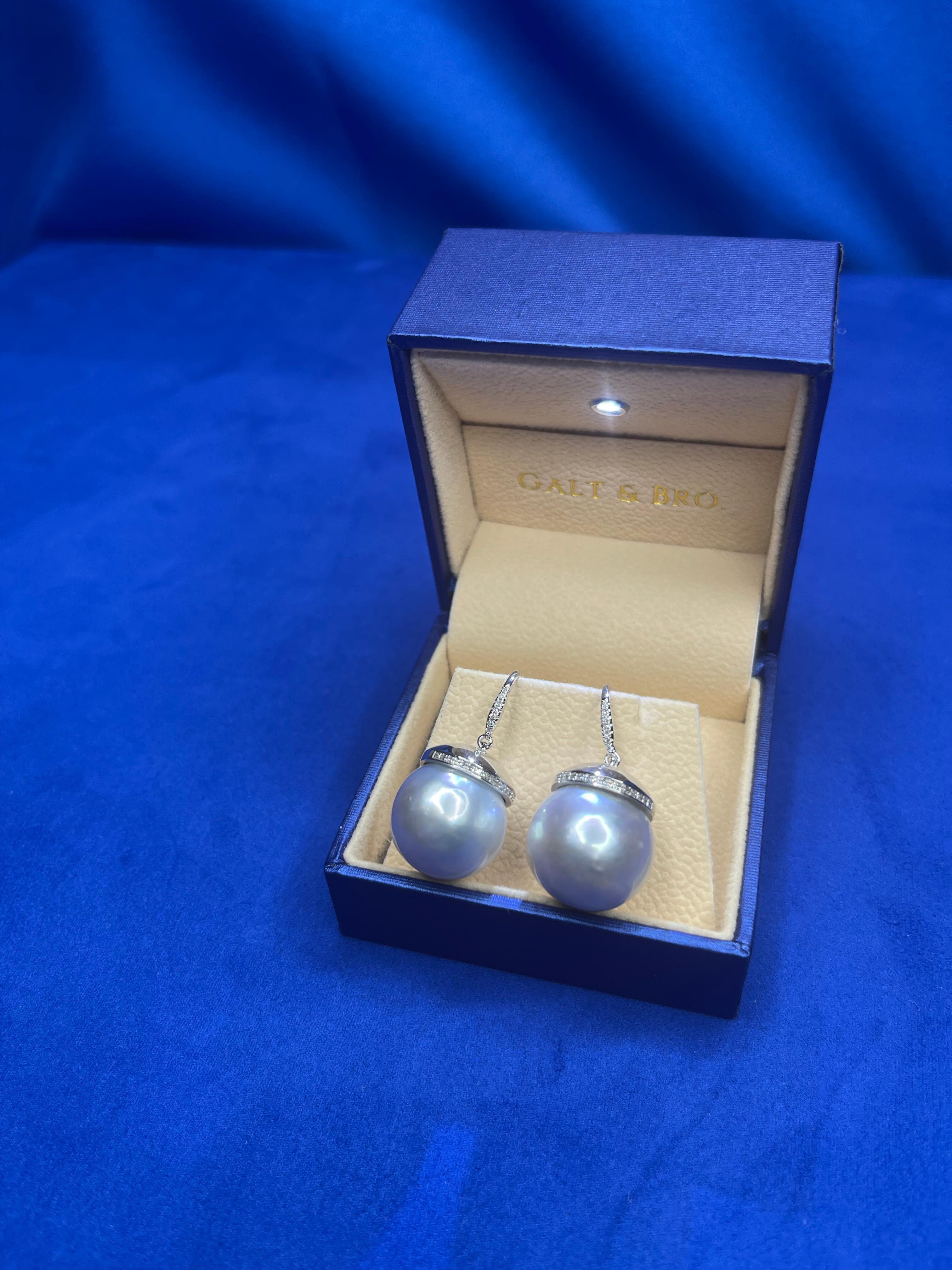 South Sea White Pearl Diamond Halo Pave 14 Karat White Gold Hook Drop Earrings
