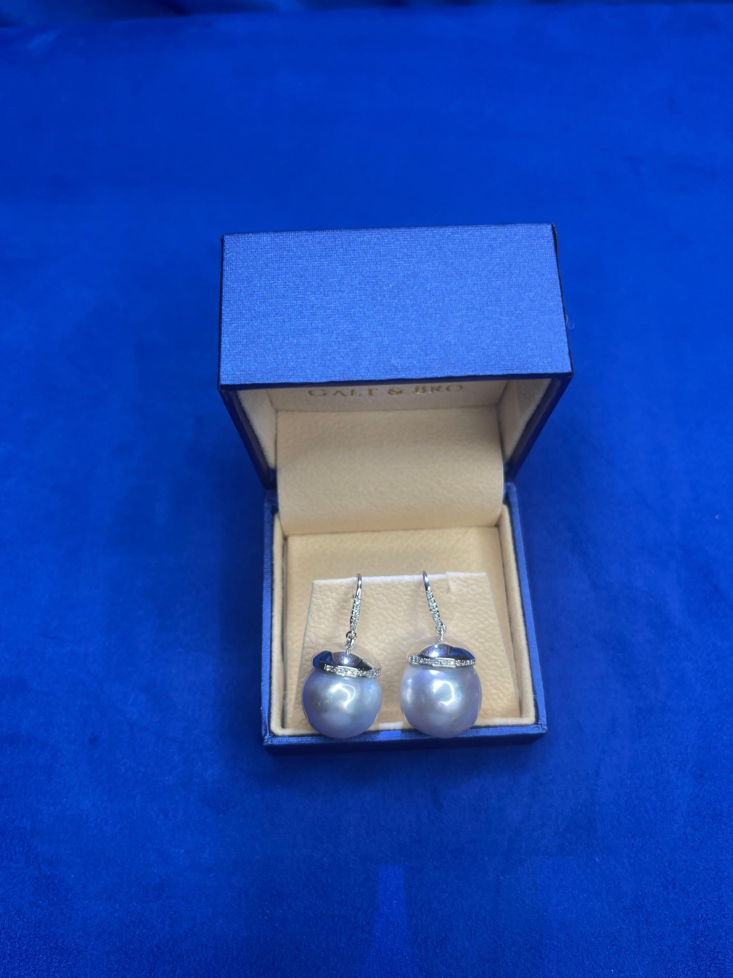 South Sea White Pearl Diamond Halo Pave 14 Karat White Gold Hook Drop Earrings