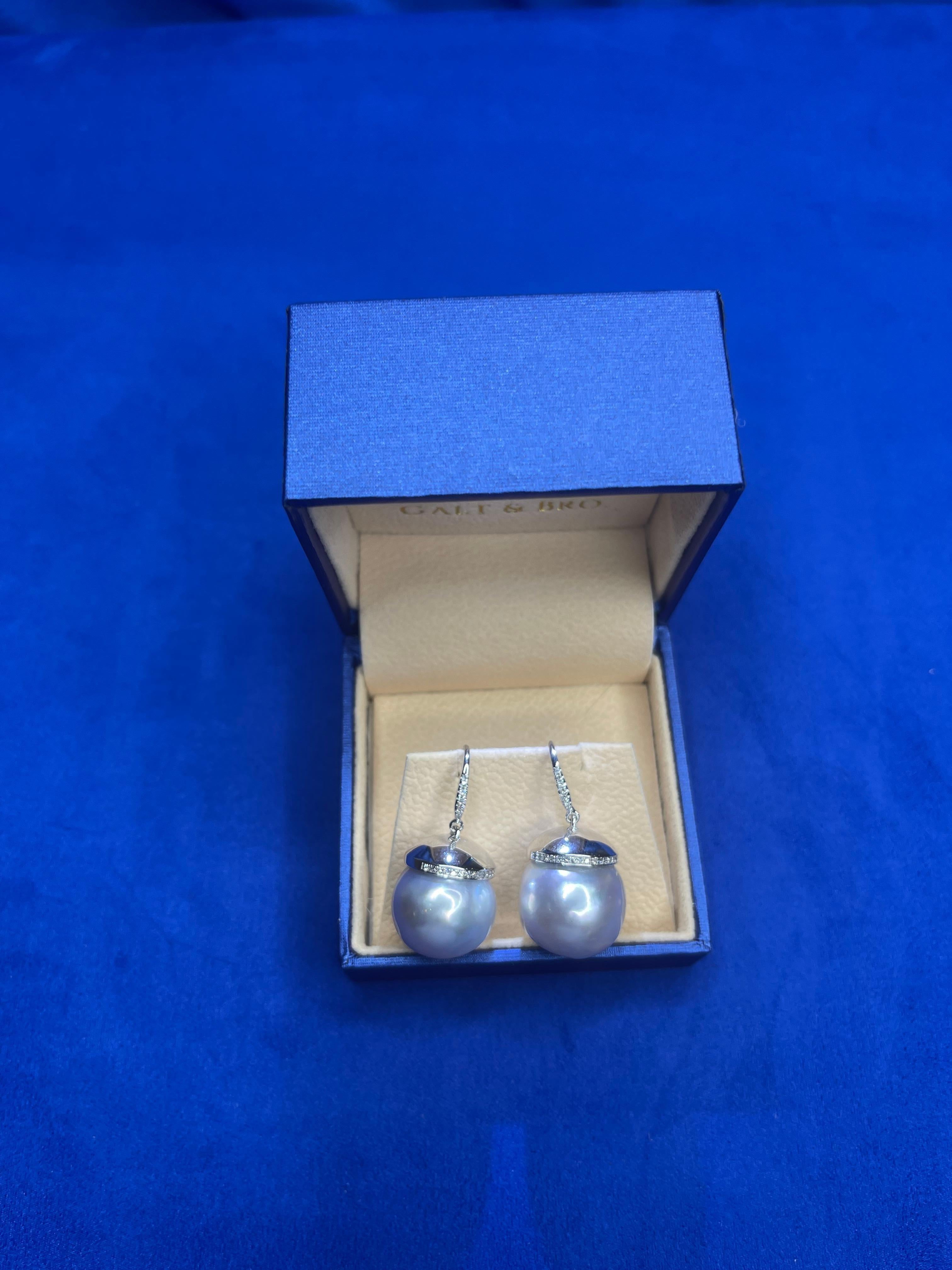 South Sea White Pearl Diamond Halo Pave 14 Karat White Gold Hook Drop Earrings