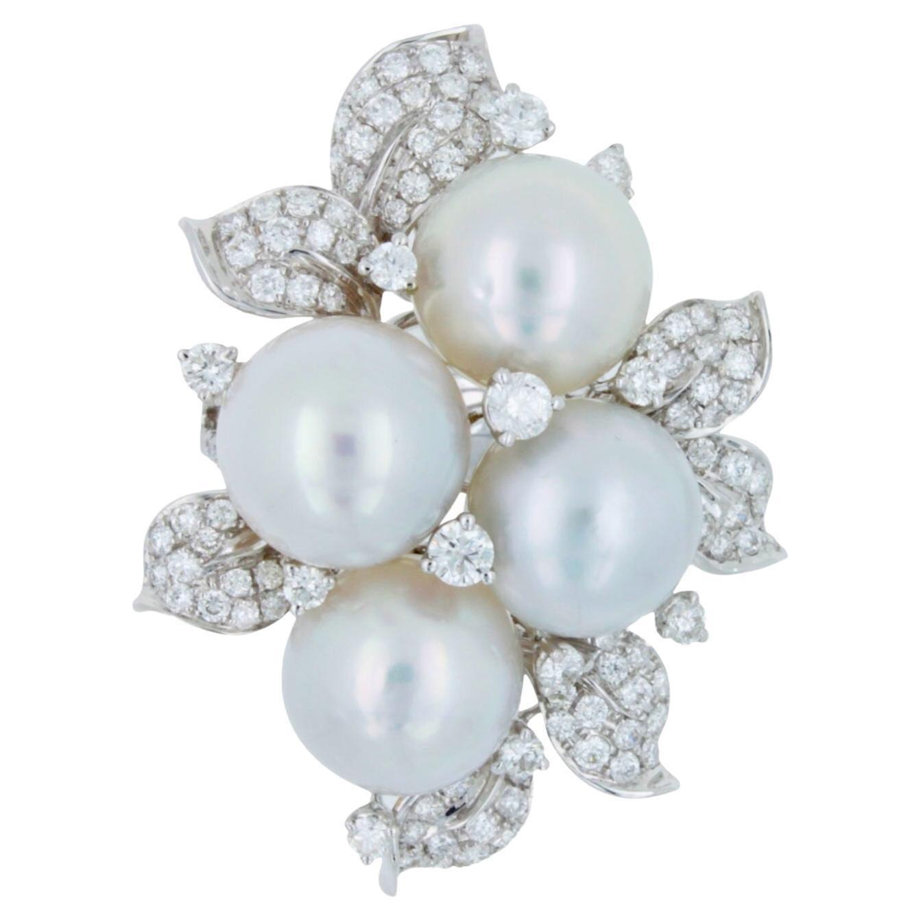 South Sea White Pearl Pave Diamond Lux Cocktail Flower Ring 18 Karat White Gold