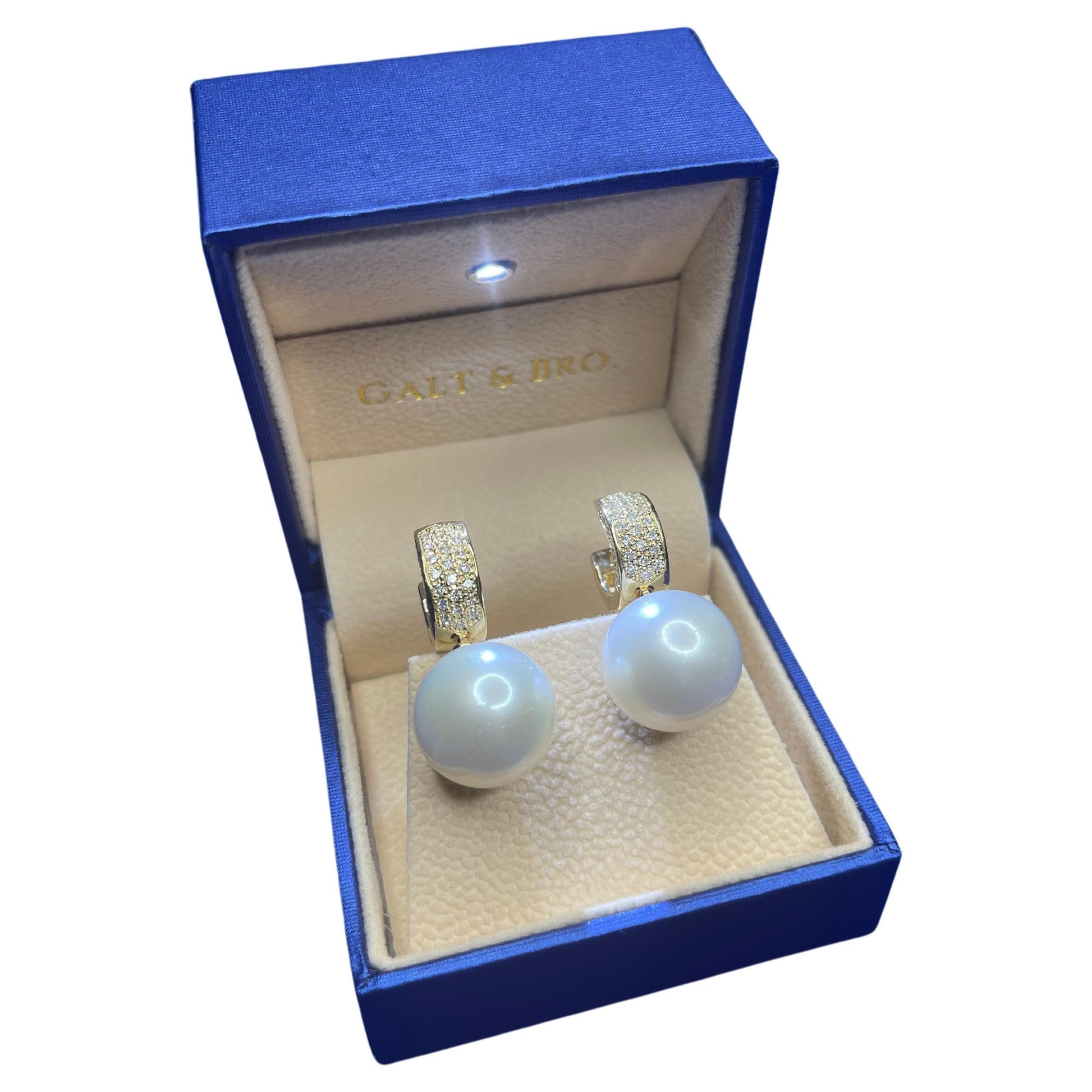 South Sea White Round Pearl Diamond 18K Yellow Gold Hinge Pave Huggie Earrings