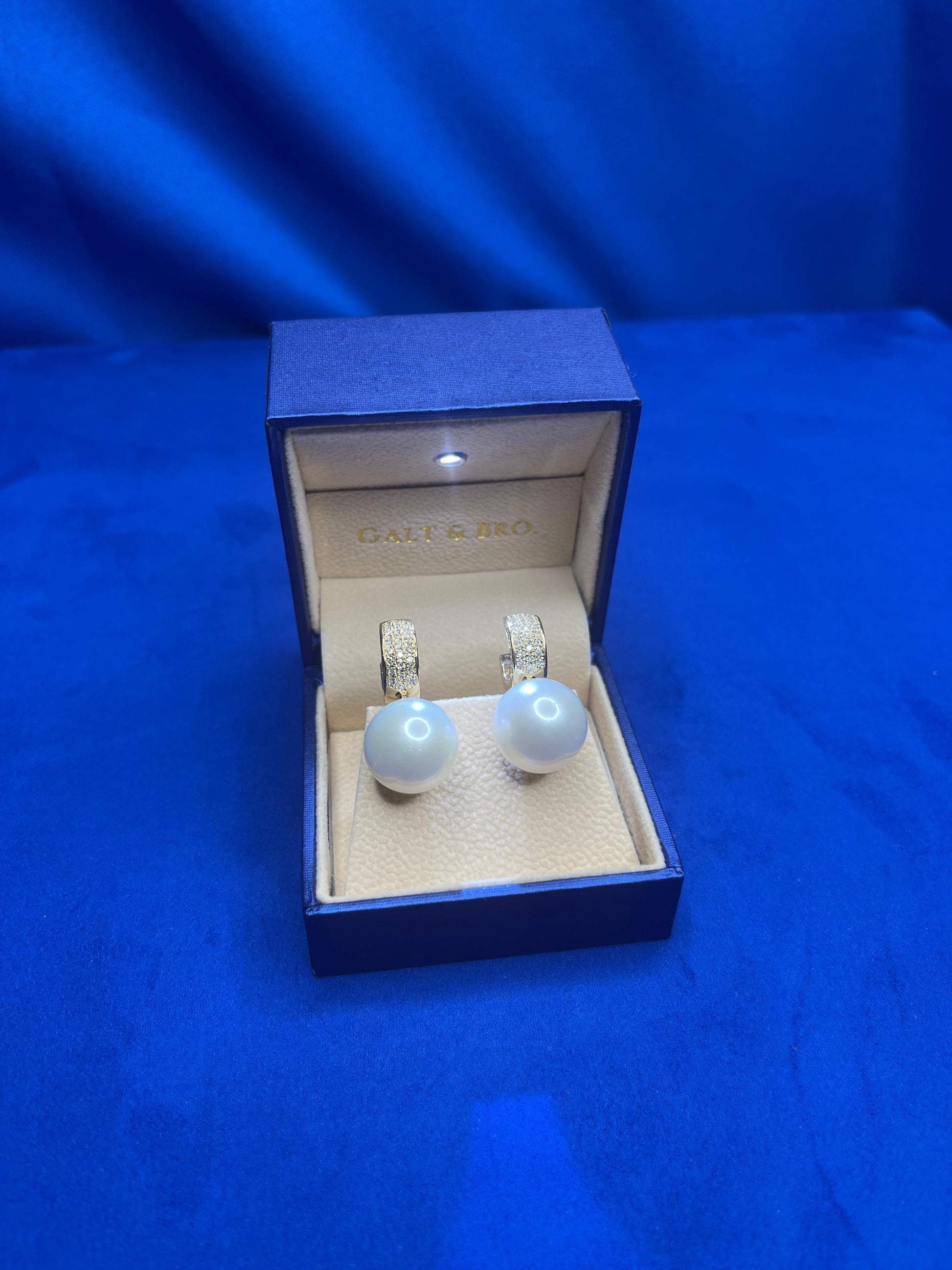 South Sea White Round Pearl Diamond 18K Yellow Gold Hinge Pave Huggie Earrings