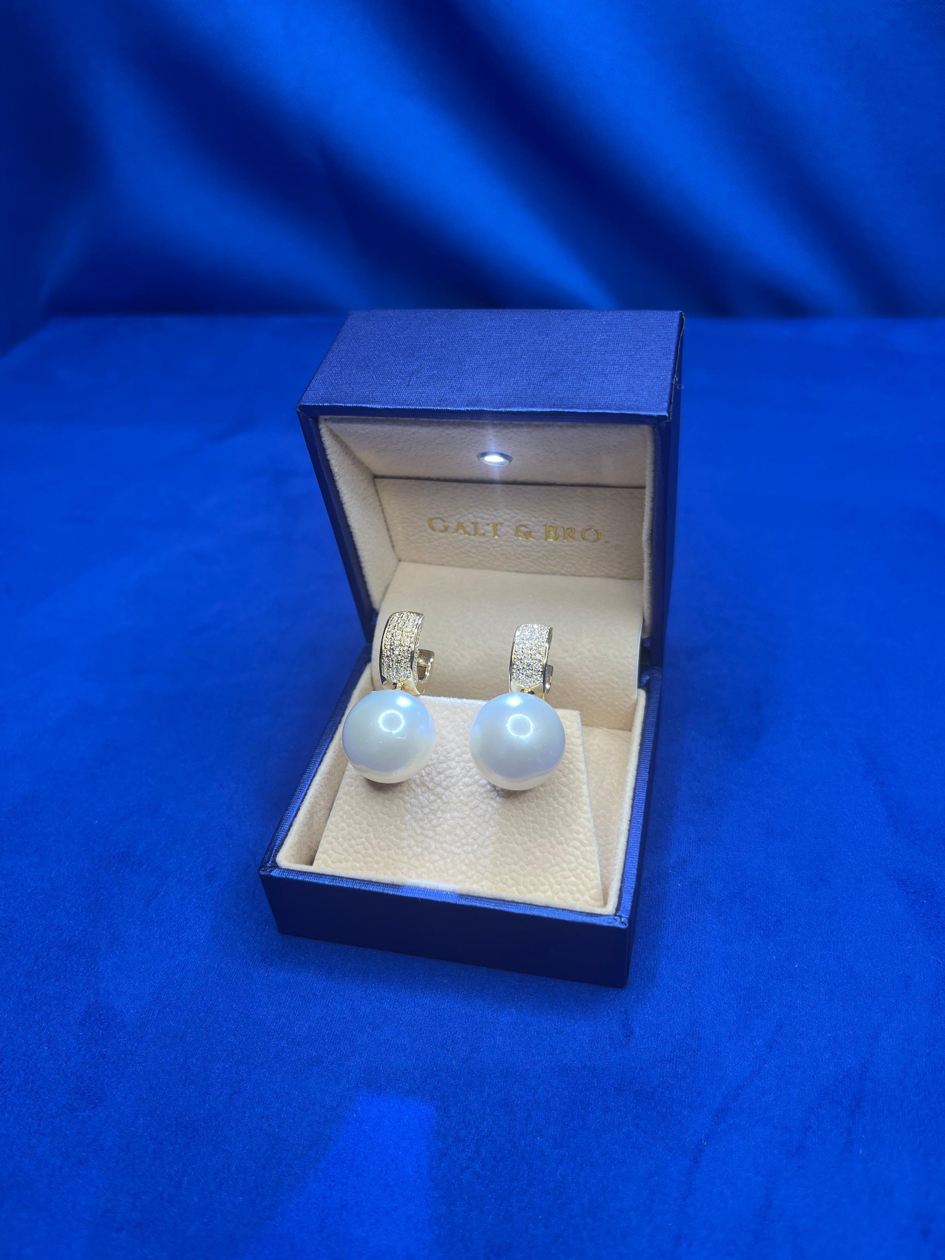 South Sea White Round Pearl Diamond 18K Yellow Gold Hinge Pave Huggie Earrings