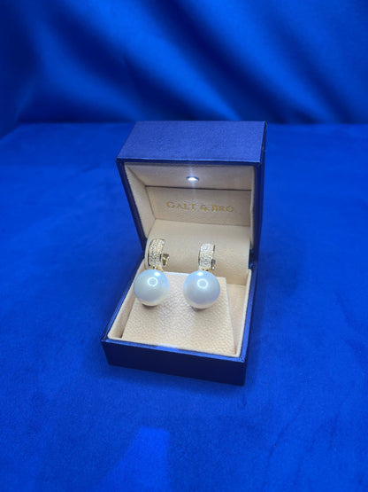 South Sea White Round Pearl Diamond 18K Yellow Gold Hinge Pave Huggie Earrings