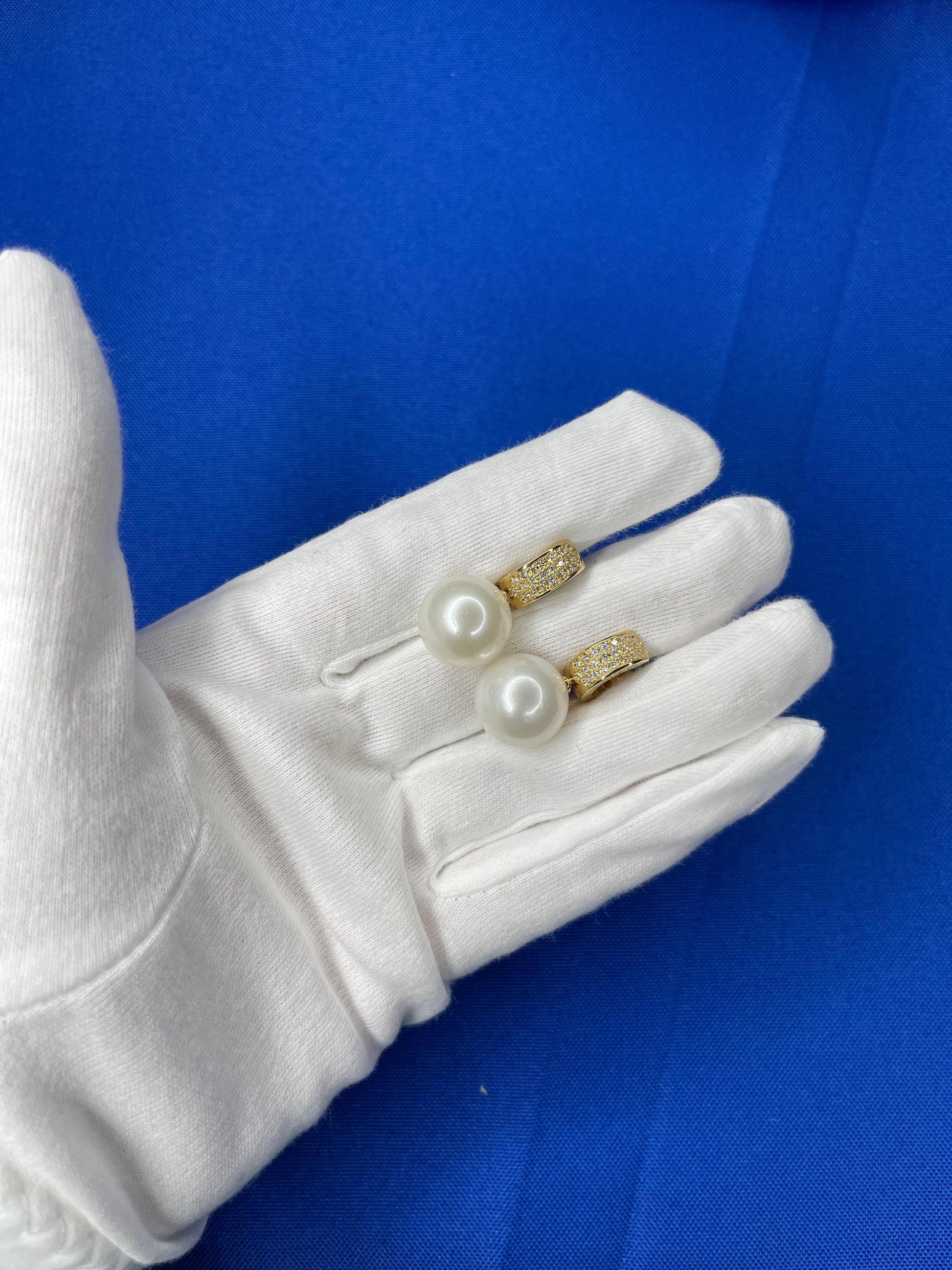 South Sea White Round Pearl Diamond 18K Yellow Gold Hinge Pave Huggie Earrings