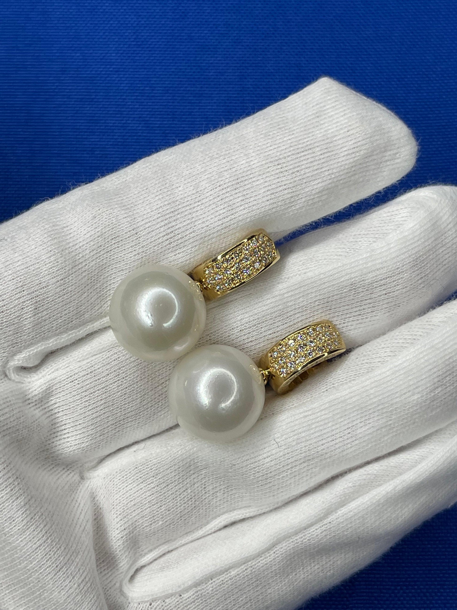 South Sea White Round Pearl Diamond 18K Yellow Gold Hinge Pave Huggie Earrings