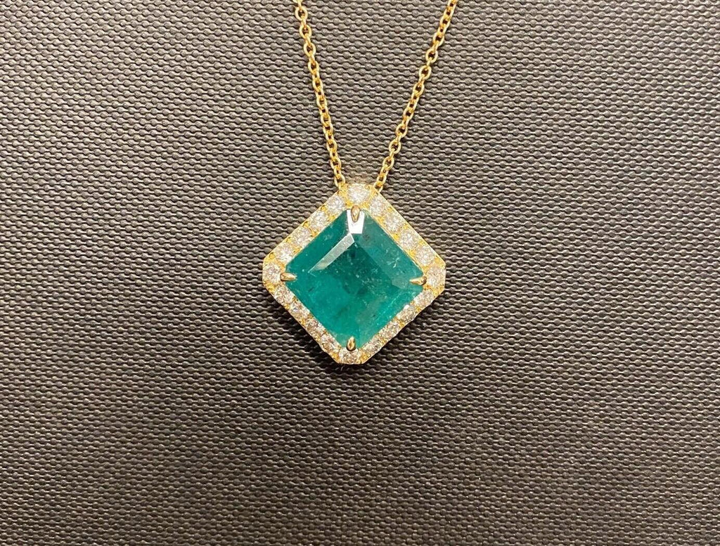 Square Emerald Cut Fancy Vivid Green Emerald Diamond Halo 18 Karat Yellow Gold A