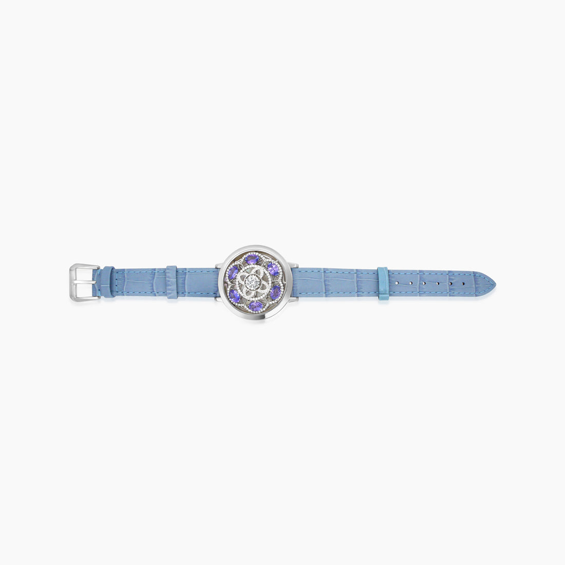White Shell Tanzanite & Diamond 18K White Gold Watch Dial Leather Bracelet