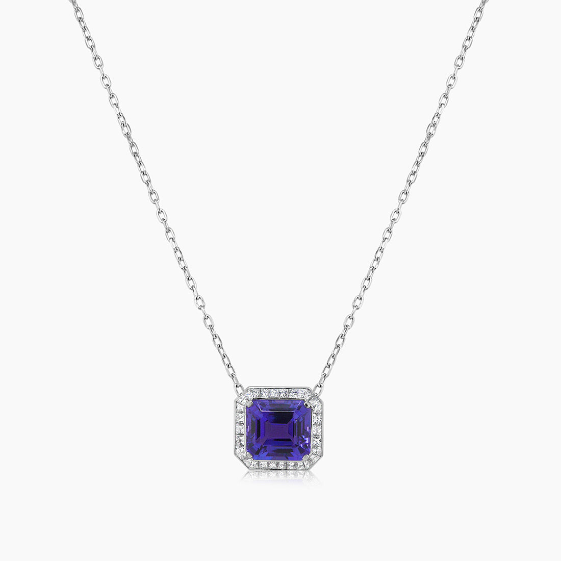 Blue  Tanzanite & Baguette Diamond Halo Set 18K White Gold Pendant Necklace