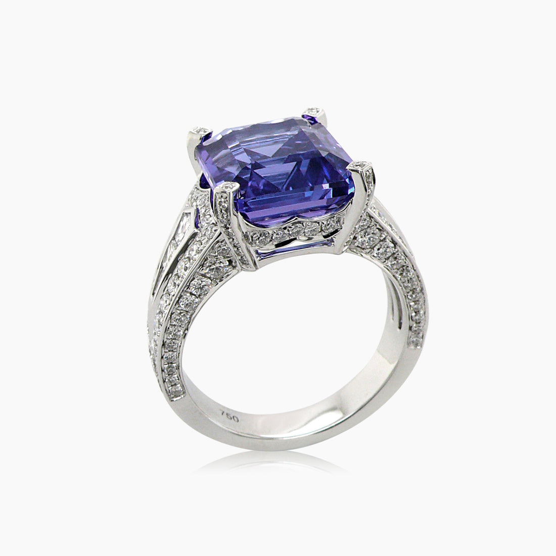 Emerald Cut Blue Tanzanite & White Diamond 18K White Gold Ring