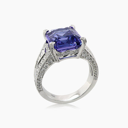 Emerald Cut Blue Tanzanite & White Diamond 18K White Gold Ring