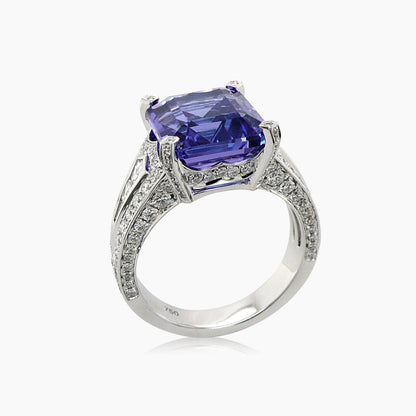 Emerald Cut Blue Tanzanite & White Diamond 18K White Gold Ring