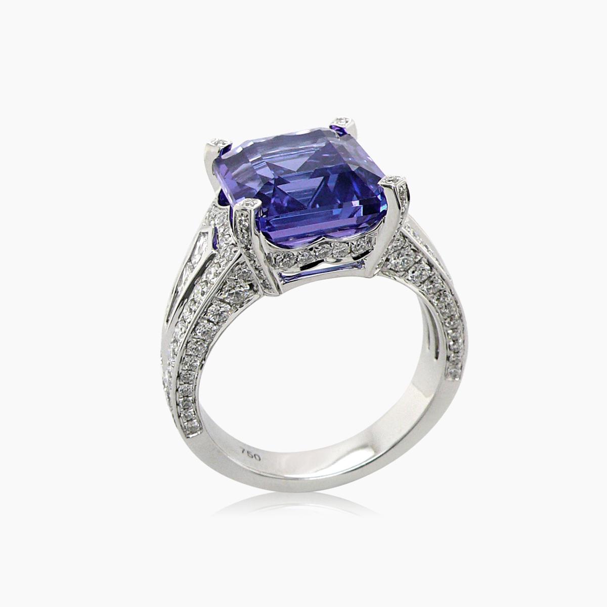 Emerald Cut Blue Tanzanite & White Diamond 18K White Gold Ring