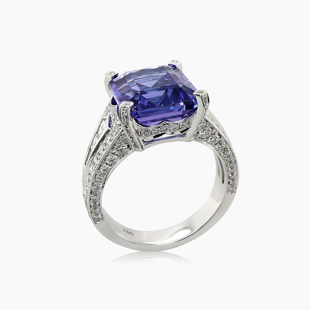 Emerald Cut Blue Tanzanite & White Diamond 18K White Gold Ring