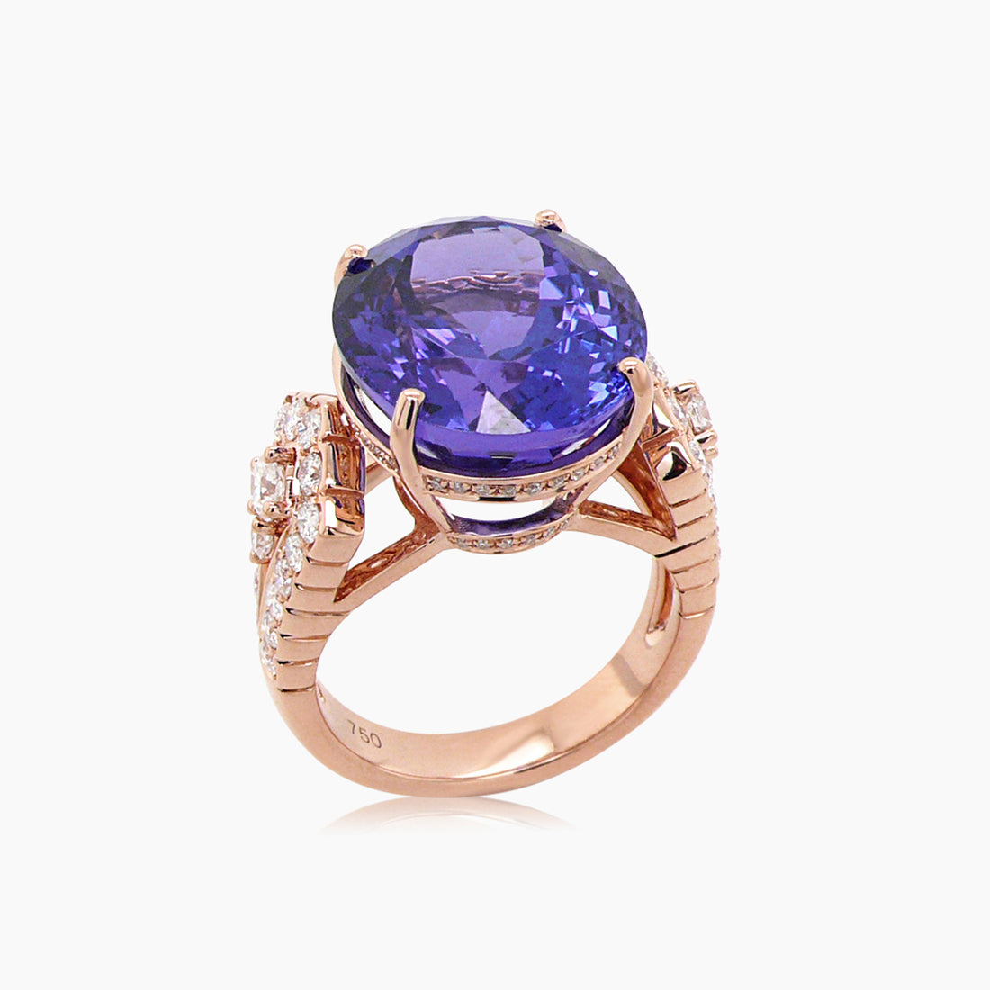 Oval Shape Blue Tanzanite & White Diamond 18K Rose Gold Ring