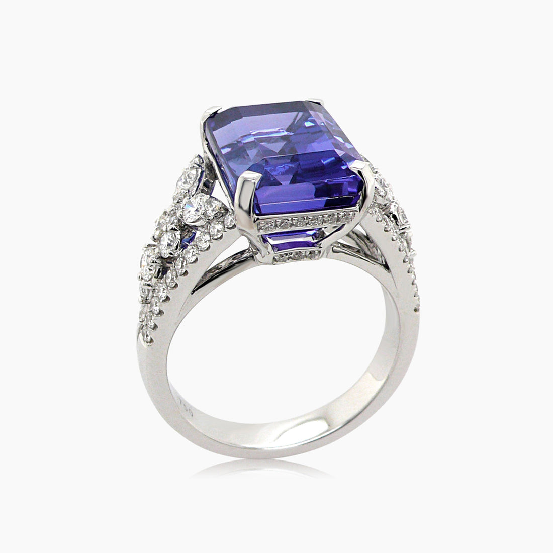 Blue Emerald Cut Tanzanite & White Diamond 18K White Gold Ring