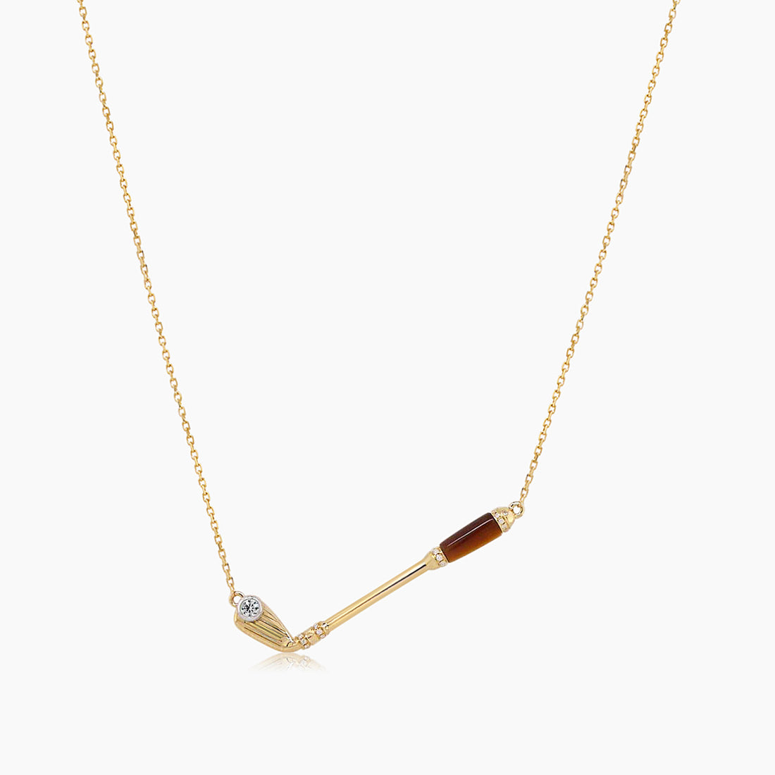Golf Club Tiger Eye Stone & White Diamond 18K Yellow Gold Pendant Necklace
