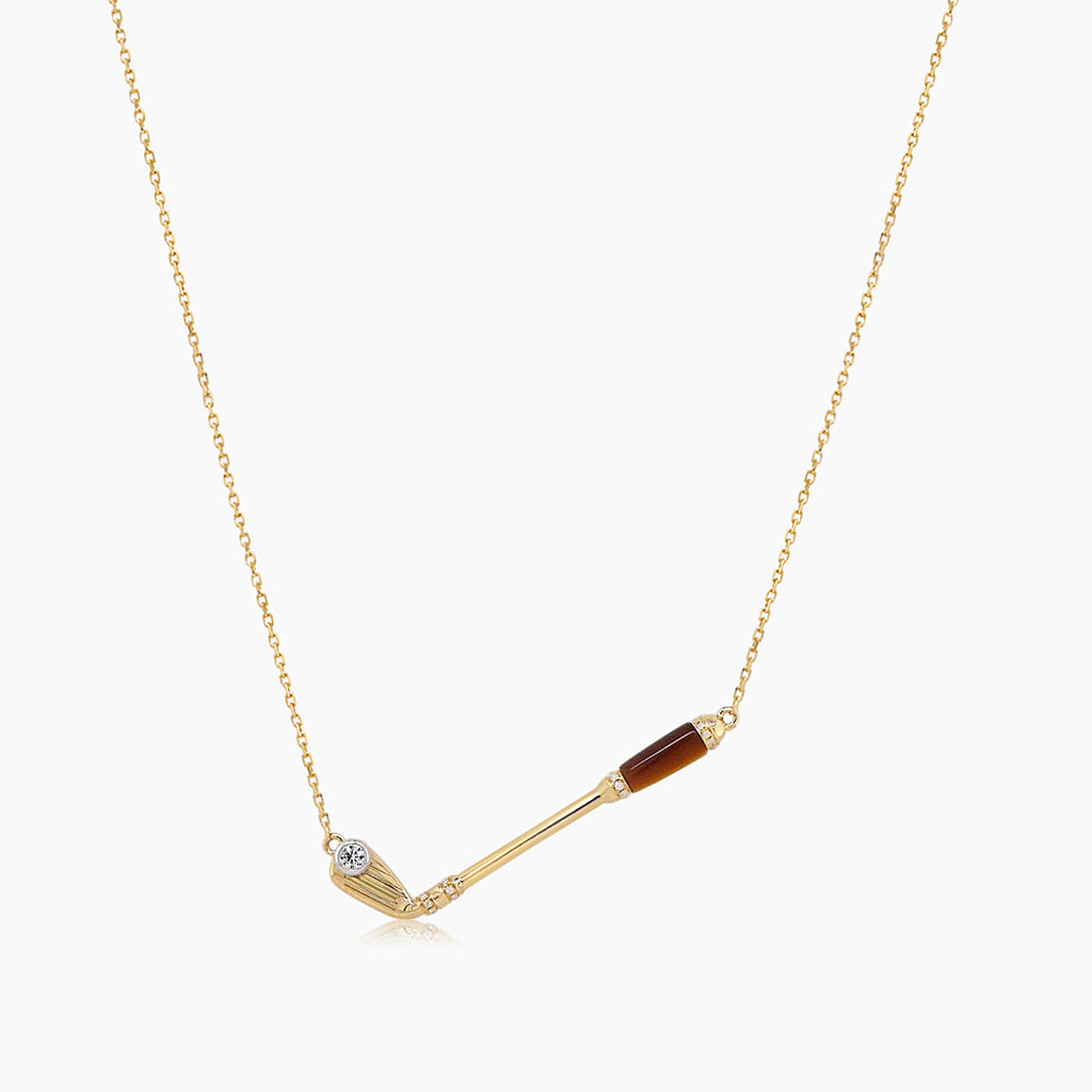 Golf Club Tiger Eye Stone & White Diamond 18K Yellow Gold Pendant Necklace